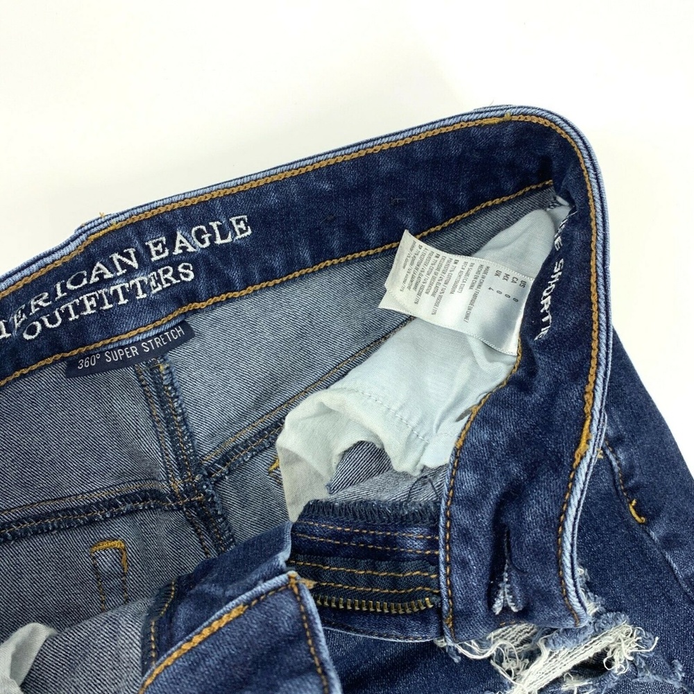 American Eagle Shortie Denim Shorts Blue Hi Rise Distressed AEO - Picture 5 of 8
